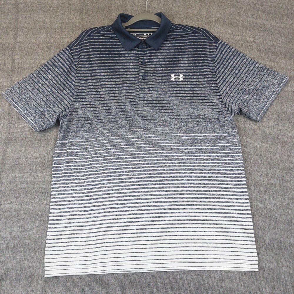 Under Armour Playoff Golf Polo Shirt Mens Large Blue Striped Athletic Loose Fit